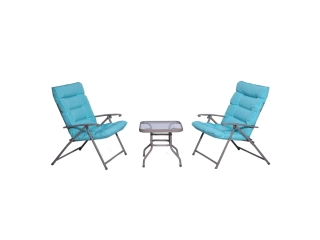 Descripcion: Material: Poliéster y metal Sillas plegables, acolchonadas Color: Aqua Dimensiones de la mesa (Anc x Alt x Prof): 50 x 50 x 45 cm Dimensiones de las sillas (Anc x Lar x Alt): 68 x 74 x 94 cm Descripcion: Material: Poliéster y metal Sillas plegables, acolchonadas Color: Aqua Dimensiones de la mesa (Anc x Alt x Prof): 50 x 50 x 45 cm Dimensiones de las sillas (Anc x Lar x Alt): 68 x 74 x 94 cm