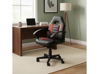 Material del tapizado: Cuero sintético Posee altura ajustable. Cómodos apoyabrazos. Tiene apoya cabeza. Con ruedas. Giratoria. Material del relleno: espuma. Peso máximo soportado: 120kg.