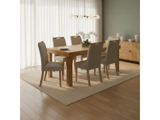 JUEGO DE COMEDOR MESA   6 SILLAS TAPIZADAS MESA EN MADERA MACIZA -  SILLAS: ALTURA : 100,5 CM - ANCHO 43 CM - PROFUNDIDAD 56 CM DENSIDAD DE LA ESPUMA DEL ASIENTO: D18 DENSIDAD DE LA ESPUMA DEL RESPALDO: D15 DISE&Ntilde;O NOVEDOSO Y SOFISTICADO, IDEAL PARA DARLE 