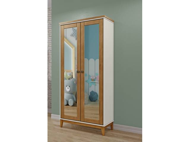 Placard de 2 puertas con espejo. Estructura en MDF 15mm y patas en madera maciza. En color combinado blanco y natural. Alto: 1.77 CM Profundidad: 0.43CM Ancho: 0.82 CM