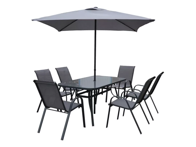 Descripcion: Mesa 1.40 mts x 0.90 cm. metal vidrio. 6 Sillas textilina metal apilable De regalo Sombrilla 2.30 mts. c/ uv.