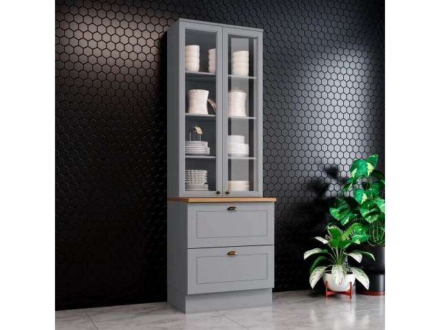 Descripción Armario panelero 2 puertas en vidrio, 2 cajones COLOR GRIS O BLANCO.  Altura 220,5 cm Ancho 71,5 cm Profundidad 54 cm  Correderas telescópicas Bisagras de 35 mm con amortiguador 100 % MDF