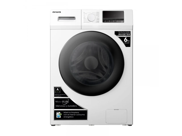 Descripcion: Lavarropas AIWA 6 kg con motor Inverter: más silencioso y eficiente. Tu ropa lista en 15 minutos con el ciclo de lavado rápido. Con 16 programas y tambor de acero inoxidable para el máximo cuidado de tus prendas. ¡La solución ideal para tu ho