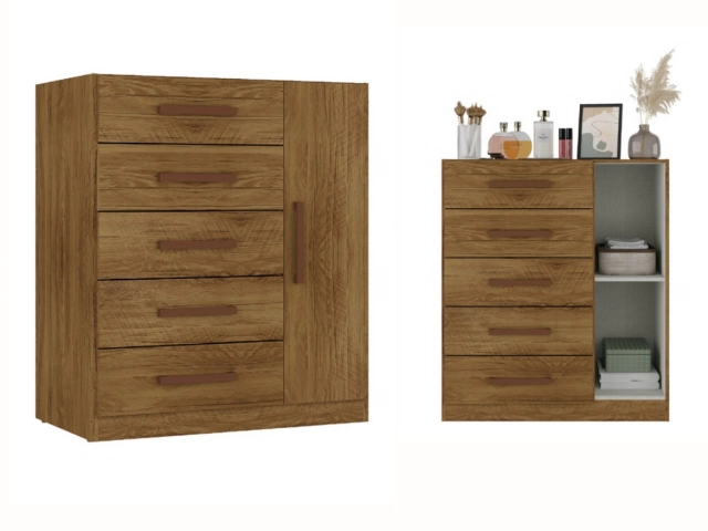 Material MDP COLOR CASTAÑO 5 CAJONES 1 PUERTA MEDIDAS: ALTURA 0.91 CM ANCHO 0.69 CM PROF. 0.39 CM