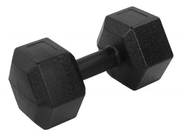 Peso: 5 kg. Mancuerna de 5kgs fabricada en cemento prensado para mayor durabilidad. Recubrimiento de PVC resistente a golpes y f&aacute;cil de limpiar. Dise&ntilde;o hexagonal que evita que ruede por el suelo. Ideal para tonificar y muscular brazos, dorsales y pectoral