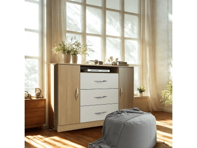 COMODA  3 CAJONES Y 2 PUERTAS  Cod : 1023 - 129  -  color Carvalho dakar/crema Medidas : 1.22 x 0.94 x 0.43