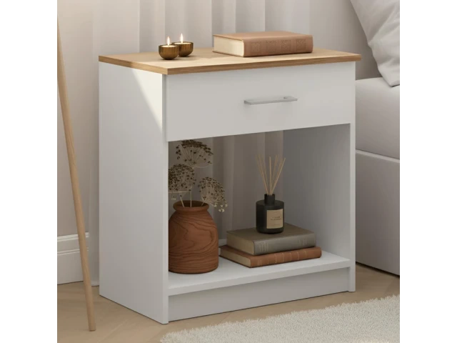 Mesa de Luz Italia: dise&ntilde;o escandinavo en MDP con tapa miel. Incluye un caj&oacute;n con tirador de ABS y nicho organizador. Medidas: 54x55,5x33,2 cm.