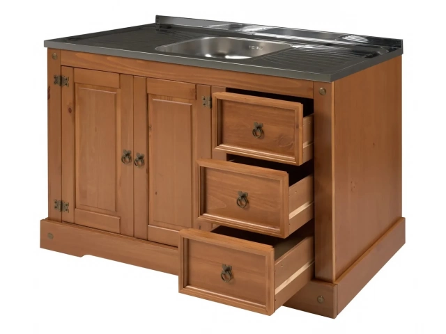 Bajo mesada 2 Puertas, 3 cajones - Linea Mexicana - SIN MESADA. - Dimensiones totales - Altura: 85.6 cm Ancho: 118.5 cm Profundidad: 49.5 cm - Materiales - Madera Maciza Alto brillo .
