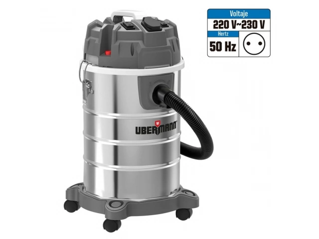 Aspiradora 1400 W 30 l ¡Con la aspiradora industrial Ubermann, la limpieza de tu hogar o taller será más fácil que nunca! Con una capacidad de 30 litros y una potencia de 1400 W, podrás limpiar grandes superficies de manera eficiente. Su diseño robusto y